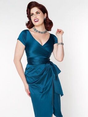 Pinup Couture Ava Satin Wrap Wiggle Dress Teal Blue Retro S